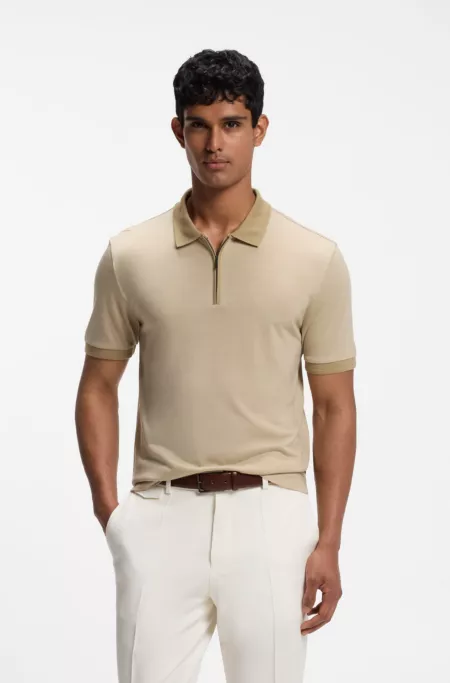Regular-fit polo shirt in wool with zipper placket