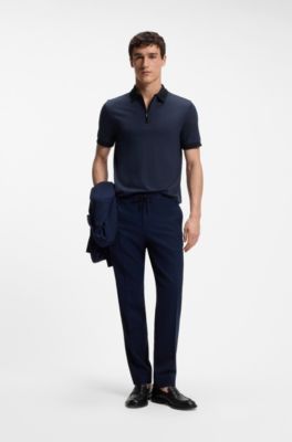 Regular-fit polo shirt in wool with zipper placket, Light Blue