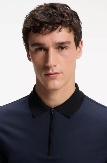 Regular-fit polo shirt in wool with zipper placket