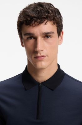 Regular-fit polo shirt in wool with zipper placket, Light Blue