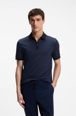 Regular-fit polo shirt in wool with zipper placket, Light Blue