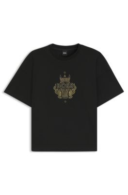 Camiseta de punto de algod&oacute;n con logo de dise&ntilde;o, Negro