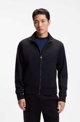 Stand-collar wool-blend sweatshirt with full zipper, Dark Blue