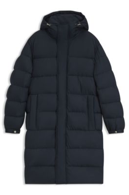 Long water-repellent puffer jacket with concealed closure, Dark Blue