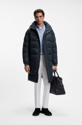 Long water-repellent puffer jacket with concealed closure, Dark Blue