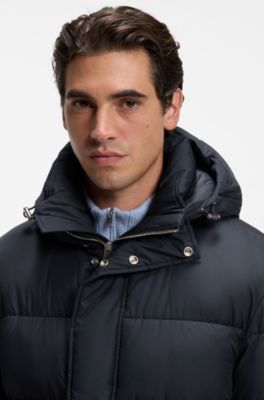 Long water-repellent puffer jacket with concealed closure, Dark Blue