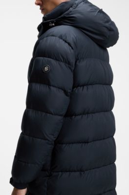 Long water-repellent puffer jacket with concealed closure, Dark Blue
