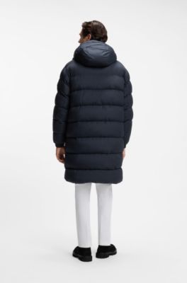 Long water-repellent puffer jacket with concealed closure, Dark Blue