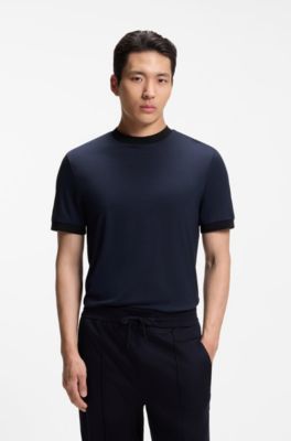 Camiseta de lana de viaje de lujo con cuello de punto plano, Celeste