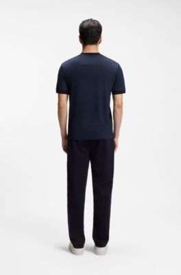 Camiseta de lana de viaje de lujo con cuello de punto plano, Celeste