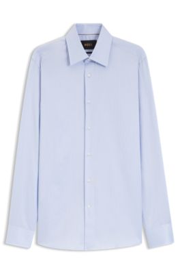 Camisa slim fit de sarga de algod&oacute;n italiana a rayas, Celeste