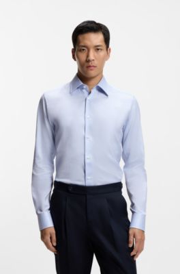 Camisa slim fit de sarga de algod&oacute;n italiana a rayas, Celeste