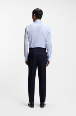 Camisa slim fit de sarga de algod&oacute;n italiana a rayas, Celeste