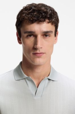 Cotton-jacquard polo shirt with Johnny collar, Light Blue