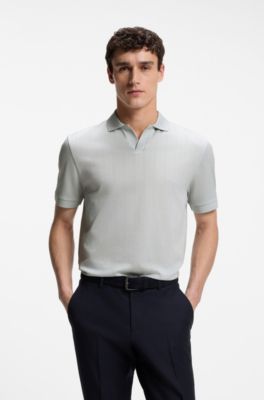 Cotton-jacquard polo shirt with Johnny collar, Light Blue