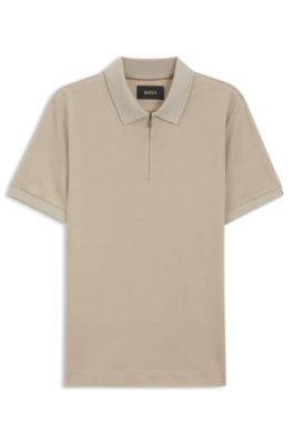 Mercerized-cotton polo shirt with zipper placket, Light Beige