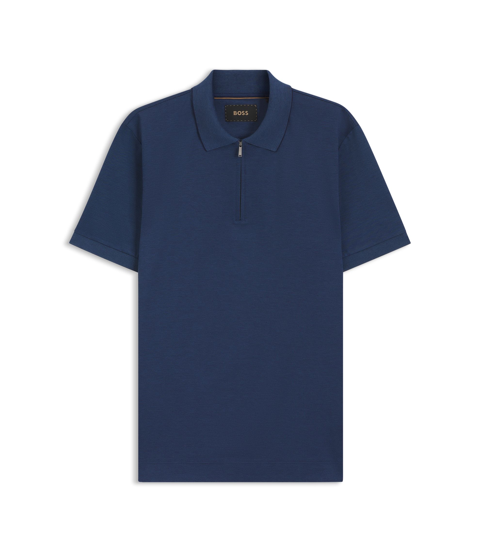 BOSS - Mercerized-cotton polo shirt with zipper placket - Light Blue