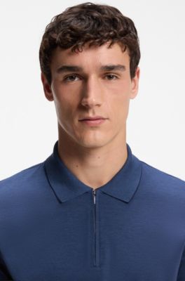 Mercerized-cotton polo shirt with zipper placket, Light Blue