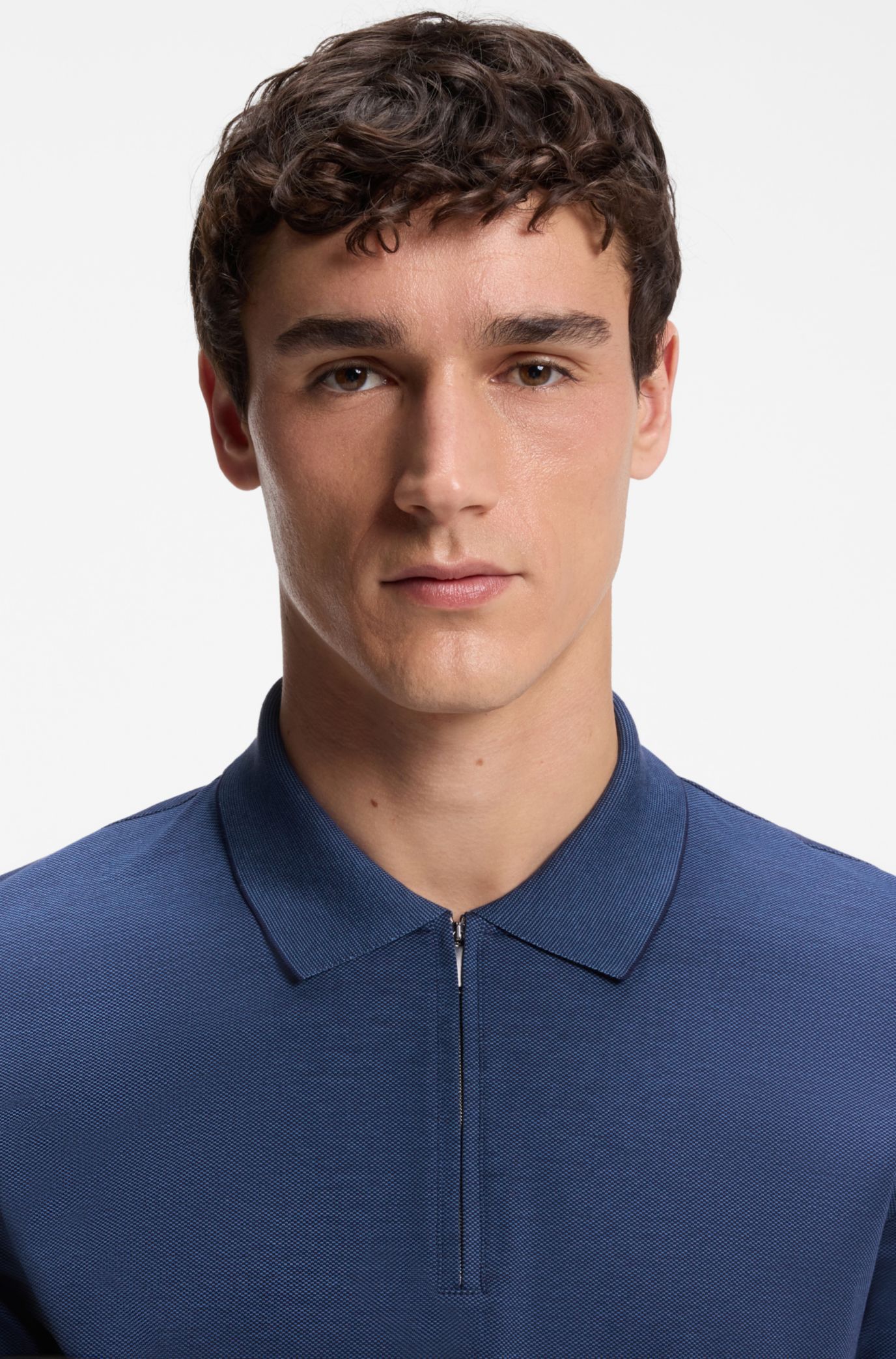 BOSS - Mercerized-cotton polo shirt with zipper placket - Light Blue