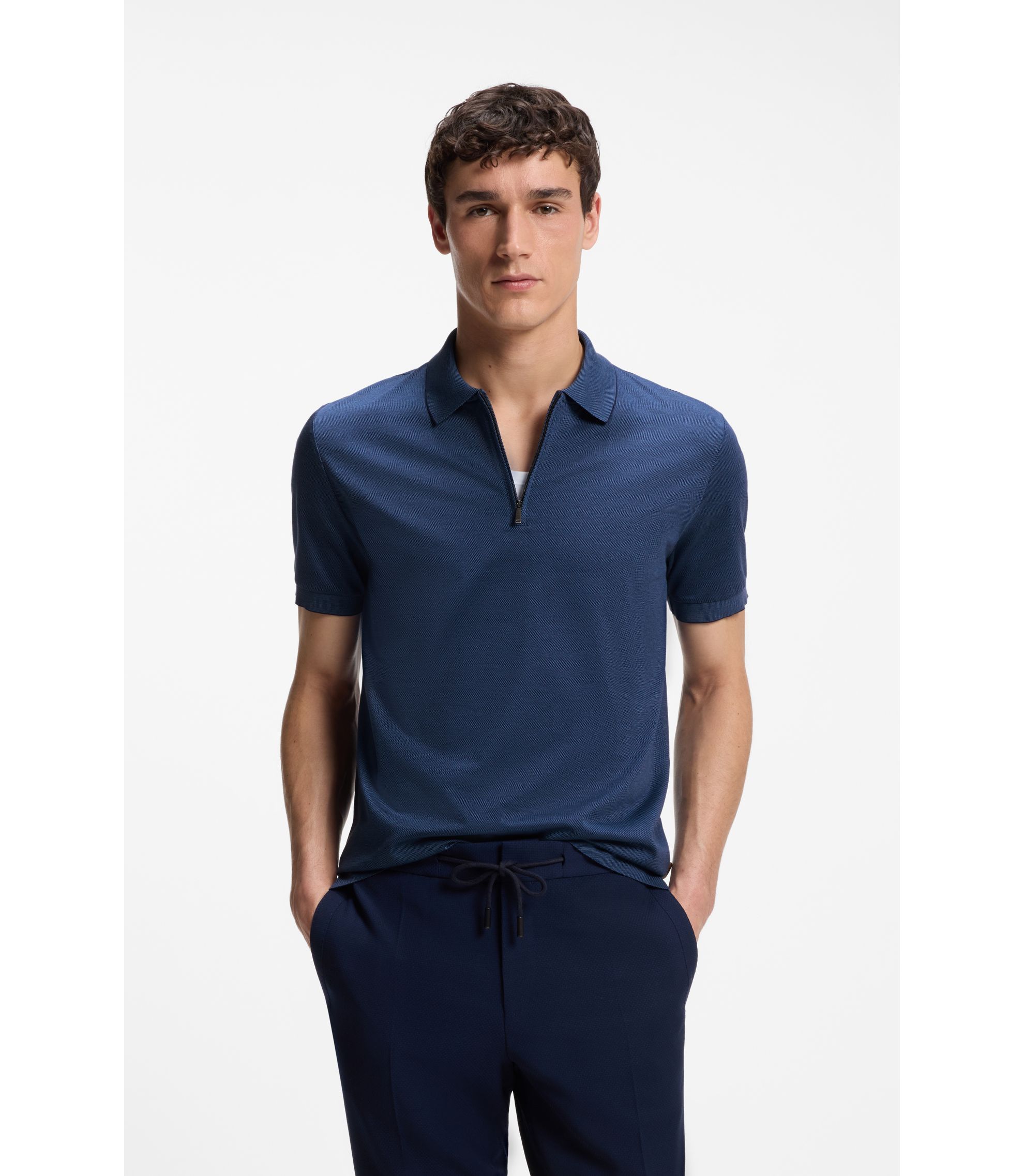 BOSS - Mercerized-cotton polo shirt with zipper placket - Light Blue