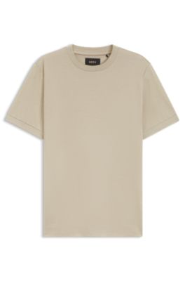 Tee-shirt en coton de luxe &agrave; encolure finement liser&eacute;e, Beige clair