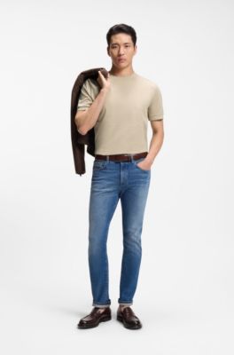 Tee-shirt en coton de luxe &agrave; encolure finement liser&eacute;e, Beige clair