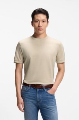 Tee-shirt en coton de luxe &agrave; encolure finement liser&eacute;e, Beige clair