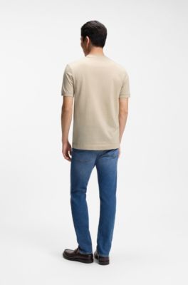Tee-shirt en coton de luxe &agrave; encolure finement liser&eacute;e, Beige clair