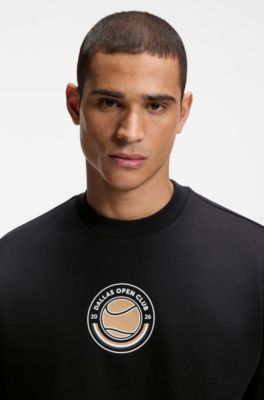 Sudadera de felpa de algod&oacute;n con motivo gr&aacute;fico de tenis, Negro