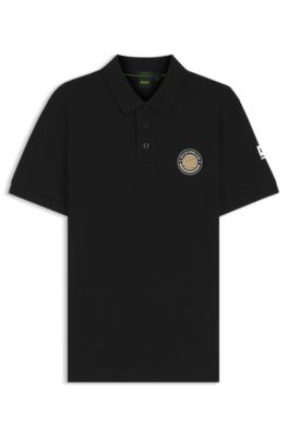 Polo en piqu&eacute; de coton &agrave; motif tennis, Noir