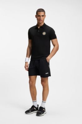 Cotton-piqu&eacute; polo shirt with tennis artwork, Black