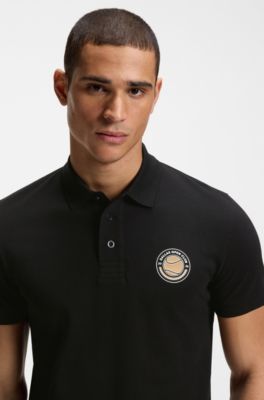 Polo en piqu&eacute; de coton &agrave; motif tennis, Noir