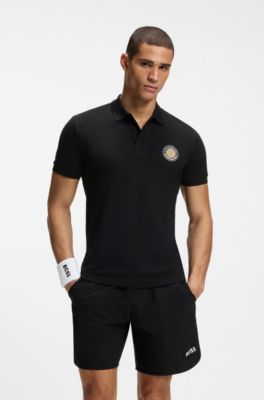 Cotton-piqu&eacute; polo shirt with tennis artwork, Black