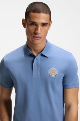 Cotton-piqu&eacute; polo shirt with tennis artwork, Light Blue
