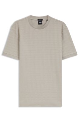 Geometric-jacquard T-shirt in cotton, Light Beige