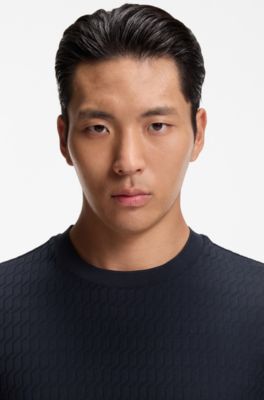 Geometric-jacquard T-shirt in cotton, Dark Blue