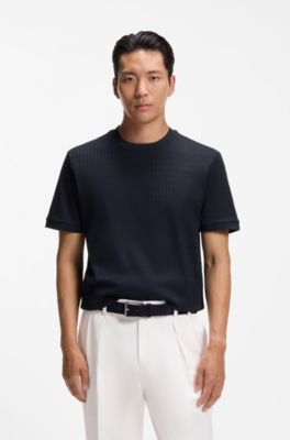 Geometric-jacquard T-shirt in cotton, Dark Blue