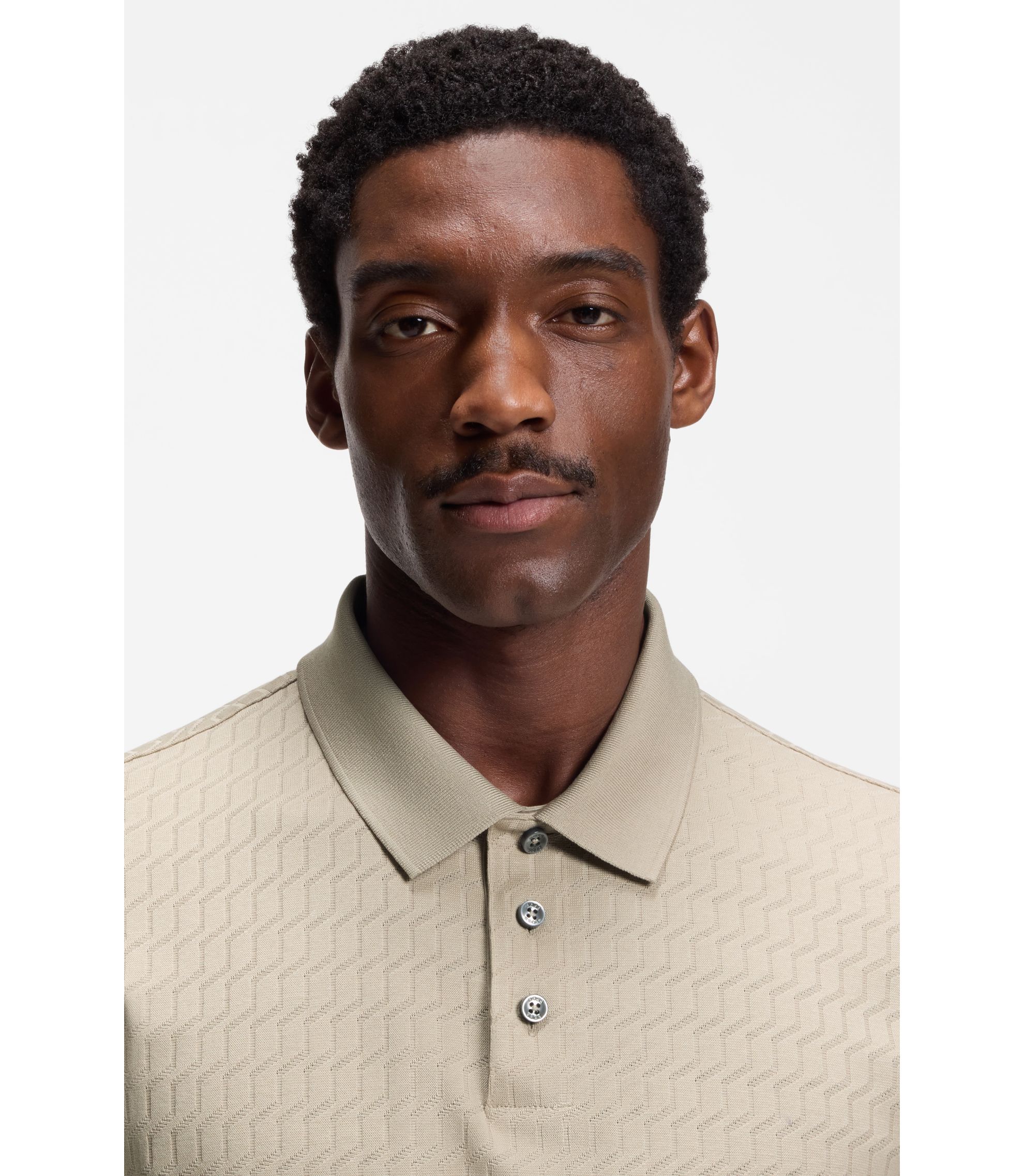 BOSS - Geometric-jacquard polo shirt in cotton - Light Beige