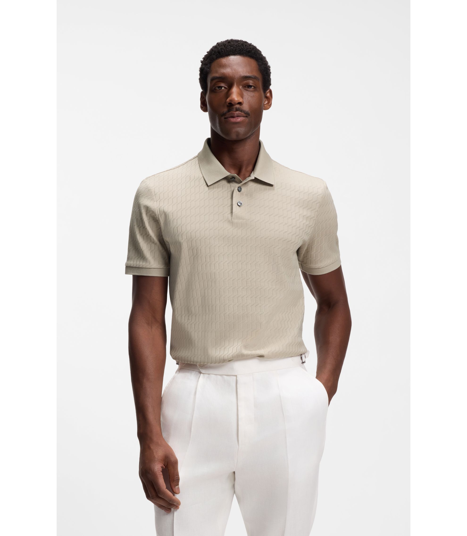 BOSS - Geometric-jacquard polo shirt in cotton - Light Beige