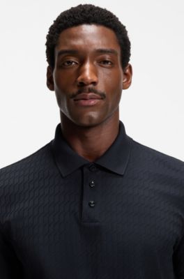 Geometric-jacquard polo shirt in cotton, Dark Blue