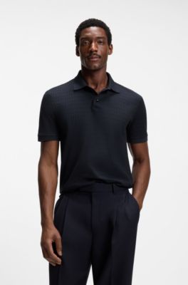Geometric-jacquard polo shirt in cotton, Dark Blue