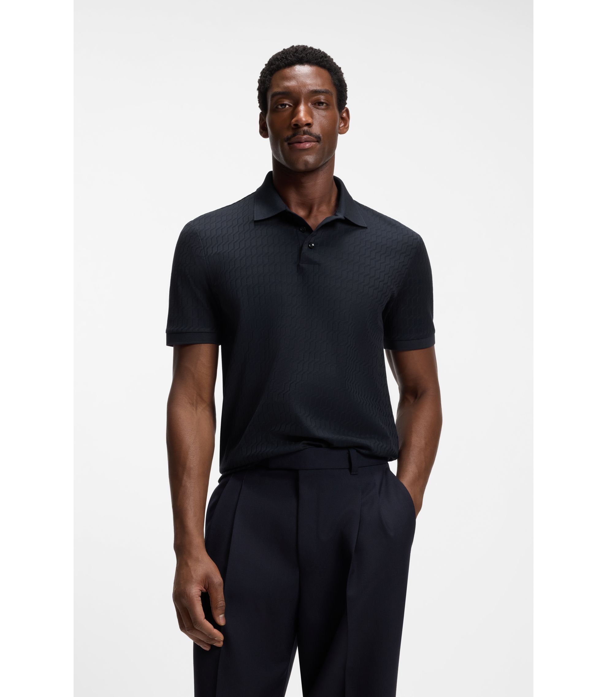 BOSS - Geometric-jacquard polo shirt in cotton - Dark Blue