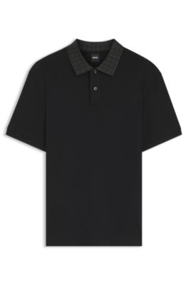 Polo regular fit de algod&oacute;n con cuello estampado, Negro