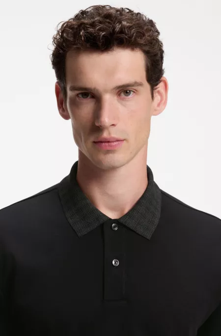 Regular-fit polo shirt in cotton with patterned collar