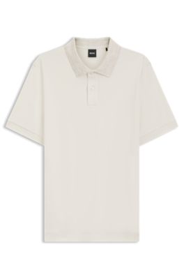 Regular-fit polo shirt in cotton with patterned collar, White