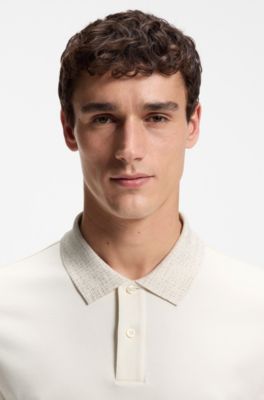 Regular-fit polo shirt in cotton with patterned collar, White
