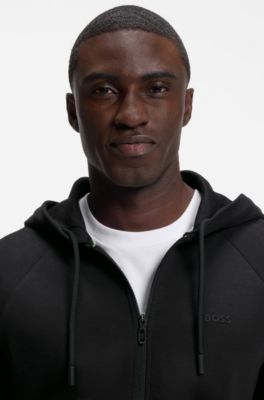 Stretch-cotton zip-up hoodie with puff logo, Black