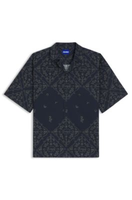 Relaxed-fit shirt in printed cotton poplin, Dark Blue