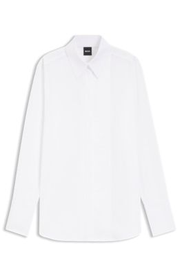 Camisa de manga larga en algod&oacute;n con detalle plisado, Blanco