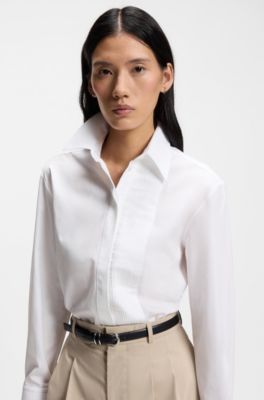 Camisa de manga larga en algod&oacute;n con detalle plisado, Blanco